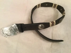 Tony Lama Size 26 Dark Gray Leather Brushed Engraved Silver Buckle Waist Belt - Picture 1 of 7