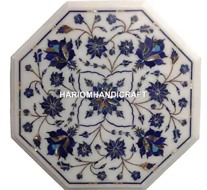 Marble White Stone Coffee Top Corner Table Lapis Lazuli Floral Inlaid Art H1979 - Picture 1 of 4