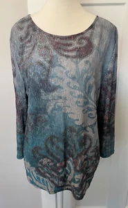 COLDWATER CREEK Womens Knit TOP 3/4 Sleeve BLUE Gray Purple PAISLEY Size L 14-16 - Picture 1 of 6