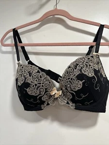 Lepel Bra Women's 38C Lace Balconette Underwire Lined Black W/beige Lace Bows - Picture 1 of 10