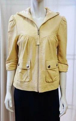 CHAQUETA DE CUERO BEIGE MADISON MARCUS MANGA PEQUEÑA 2 4 3/4 CREMALLERA CON CAPUCHA  Foto 1 de 4