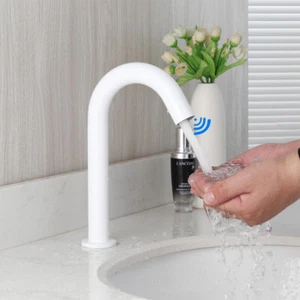 Grifo de baño blanco sensor automático grifo de latón montado en cubierta sin contacto de un orificio - Imagen 1 de 13