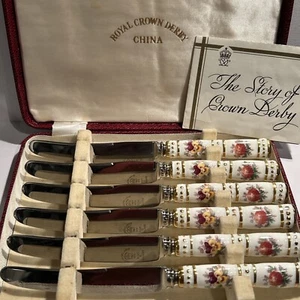 Royal Crown Derby Bone China Set/6 Indiv. Butter Knives Floral Posies Boxed - Picture 1 of 11