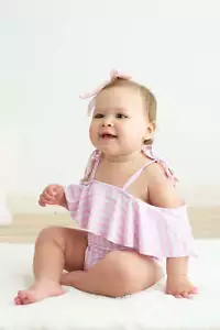 Pink stripe strap girl swimsuit one piece UPF50+ - Picture 1 of 9