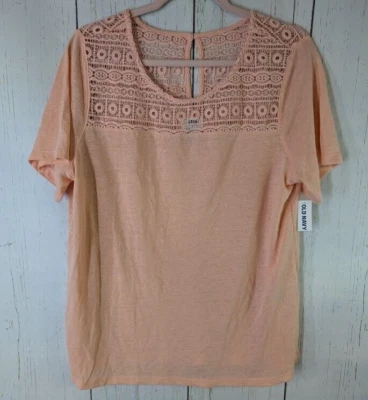 Old Navy Size Large Salmon Pink Short Sleeve Linen Lace Womens Casual Top NWT - Image 1 of 4