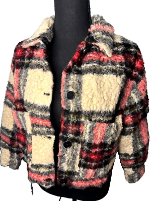 Zara Kids девочек стриженный мех куртка красный черный кремовый клетку размер 11, 12 хлопок - Изображение 1 из 4