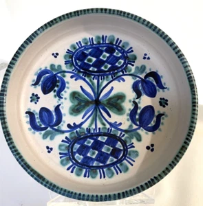 Laurine Danmark Scandinavian Hand PaintedCream Blue Green Shallow Round Dish MCM - Picture 1 of 11