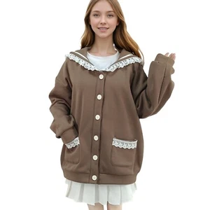 Kawaii Lace Collar Button Cardigan Soft Brown Sailor Knit Jacket Front Pockets - Picture 1 of 10