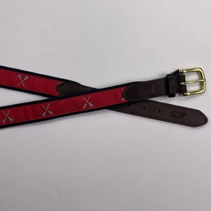 Cinturón Vineyard Vines para hombre talla 42 lacrosse rojo azul cuero hebilla de latón macizo - Imagen 1 de 10