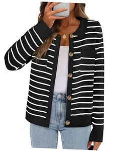 Women's 2024 Fall Knit Striped Long Sleeve Sweater Open Front Medium Black - Picture 1 of 7