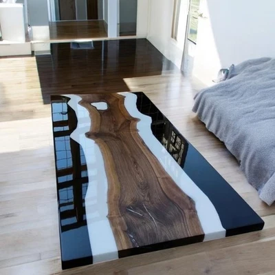 Black Epoxy Resin Wood Table Top Dining & Coffee Modern River Resin Table - Image 1 of 4