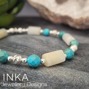 925 Sterling Silver Bracelet With Chunky MOONSTONE & Turquoise By INKA - Picture 1 of 9