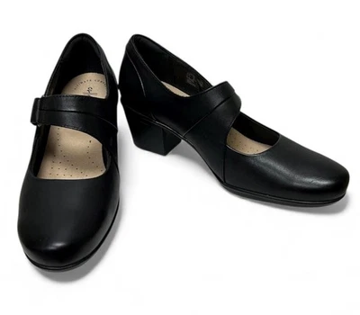 Clarks 10 Mary Jane Shoes Emslie Lulin Black Leather Block Pump - Image 1 of 4