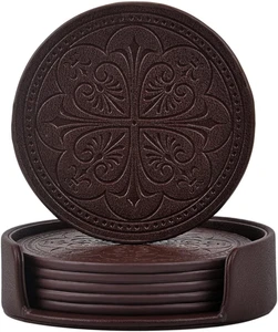Drink Coasters,Pu Leather Bar Beer Beverage Coaster for Drinks Set of 6 with Hol - Picture 1 of 12