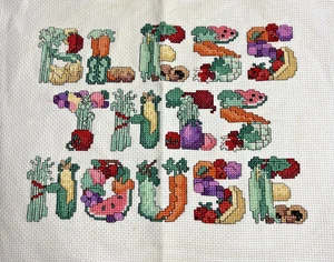 Finished Cross Stitch Embroidery Bless This House Fruits Vegetables Completed - Picture 1 of 17