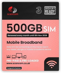 Three 500GB Data SIM - Uncapped 5G - Preloaded MONTHLY Until November 2026 -... - Picture 1 of 8