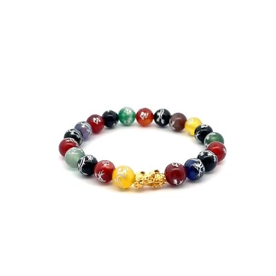 18K Gold Dragon Pixiu Piyao Lucky Charm Bracelet Gemstones Agate Multicolor 8mm - Image 1 of 4