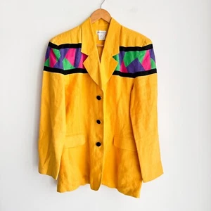 Vintage Moiselle Linen Yellow Geometric Print Detail Blazer 12 - Picture 1 of 5
