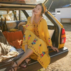 Abito donna etnico ricamato maxi stampa floreale boho scollo a V viaggio retrò - Foto 1 di 14