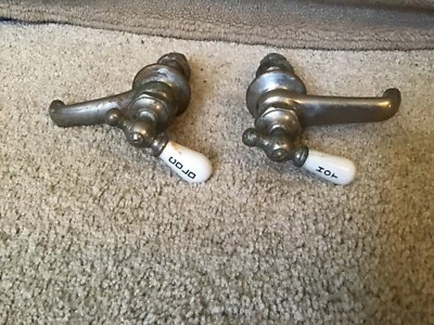Vintage Chromed Brass Republic Faucet Knobs HOT & COLD Brass & Porcelain Handles - Image 1 of 4