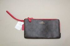NWT Coach Signature Double Zip Wristlet Purse Brown / True Red F54057 MSRP $150