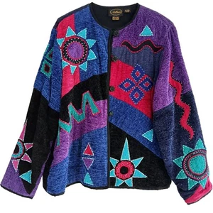 VTG Allure Size L Black Rayon Chenille Embroidered Long Sleeve Soft Artsy Jacket - Picture 1 of 9