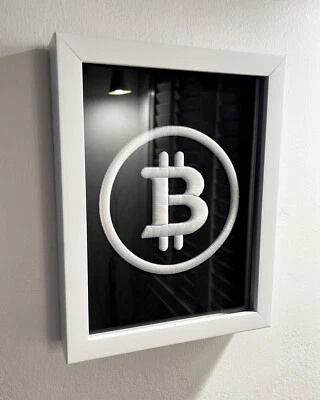 White BTC-Bitcoin Logo 3D Embroidery Artwork in Matte White Thick Frame Crypto - Image 1 of 4