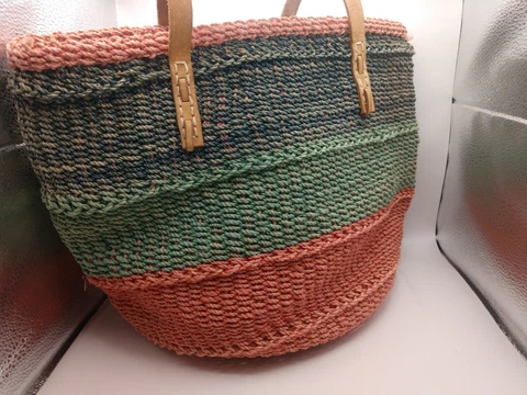 Vintage Basket Tote With Leather Handles Made In Philippines Pink Green And Blue Cover