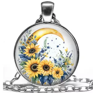 Sunflower Garden & Crescent Moon Joyful Celestial Jewelry Gift Necklace 24" - Picture 1 of 5
