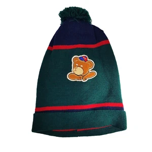Teddy Bear Pom Knit Beanie Small Green Red Striped Embroidered Stretch Cotton - Bild 1 von 7