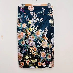 Cue Pencil Midi Skirt Floral Bluebird Birds Satin Navy Blue Blossoms 10 Formal - Picture 1 of 18
