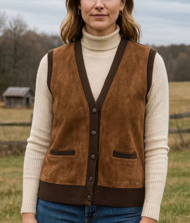 Colete de couro Lauren Ralph Lauren camurça equestre feminino grande lã cashmere - Imagem 1 de 4