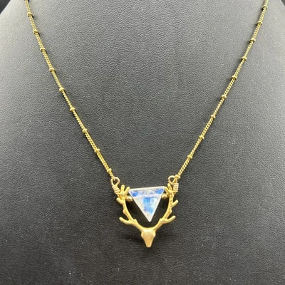 Artisan 14K GF Gold Filled Necklace Moose Head Triangle Moonstone 16”L Christmas - Изображение 1 из 4