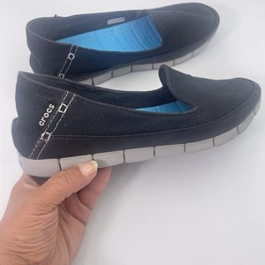 CROCS STRETCH SOLE SKIMMER FLAT WALU BUSY DAY LOAFER SHOE BLACK AND GRAY WOMEN 9 - Picture 1 of 6