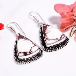 Wild Horse Jasper Gemstone Handmade Jewelry.925 Silver Earrings 1.8" GSR-9382 - Picture 1 of 2