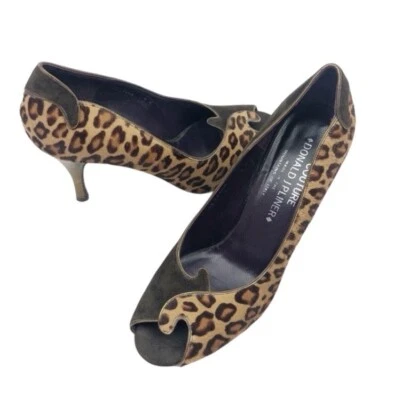 Donald J. Pliner Leopard Suede Peep Toe Heels Animal Print Calf Hair Size 7 - Image 1 of 4
