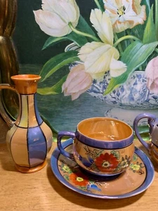 Vintage Japan Hand Painted Lusterware Gold Blue Creamers, Teacup & Saucer & Oil - Picture 1 of 10