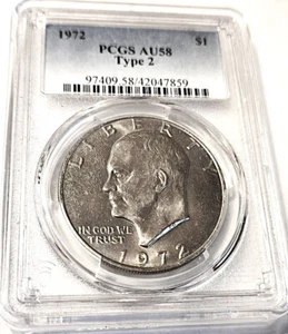 1972 Eisenhower Dollar - Type 2 - PCGS AU58 - #20, 100 Greatest US Modern Coins! - Picture 1 of 5
