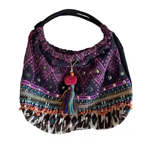 Borsa a tracolla bohemien hobo boho hippie tribale multicolore viola grande - Foto 1 di 5