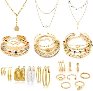 Gold Chain Bracelets Sets and 3 Pcs Gold Chain Necklace 6Pair Earrings 10 Pcs Ri - Picture 1 of 8
