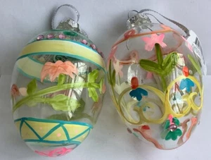 Large 4” Clear Glass Easter Egg 2 Ornaments Hand Painted Decorated NWT - Picture 1 of 5