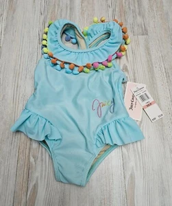 NWT Juicy Couture Baby Girl One Piece Bathing Suit Size 2T Sky Blue Pom poms - Picture 1 of 8