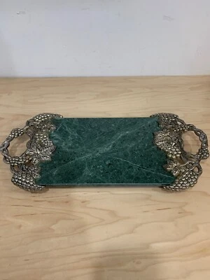 Vintage Godinger Silver Plated Grape & Vine Green marble Serving Tray - Image 1 of 4