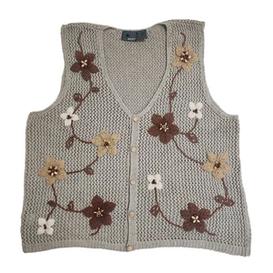 Beige Flower Embroidered Button Sweater Vest Large 90s Cottage Boho Hippie #1624 - Picture 1 of 17
