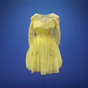 Vintage 50s Buttercup Yellow Chiffon Lace Tulle Party Dress Sweetheart Neck - Picture 1 of 8