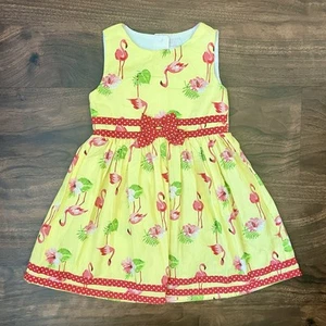 Nannette Kids Yellow Pink & Red Flamingo Flare Sleeveless Summer Sun Dress Sz 4T - Picture 1 of 6