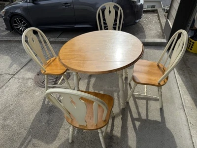 Ashley Round Dinning Table with 4 Chairs Solid Wood White & Brown dropped sides - Image 1 of 4