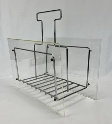 Porta riviste vintage Art Deco MCM acrilico lucite e cromo - Immagine 1 di 4