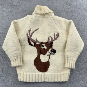 Vintage Hirsch Cowichan Damen groß elfenbein 60er Motiv handgestrickt Wolle Cardigan USA - Bild 1 von 11
