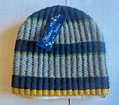 豆豆帽青少年男孩均码灰色海军蓝绿色黄色弹力全新带标签 — 第 1/3 张图片